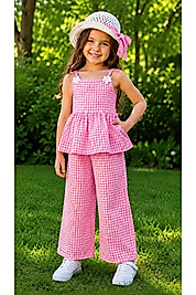 Kız çocuk pötikareli takım-şapkalı yazlık askılı 3 lü set (PEMBE)