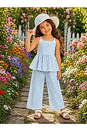 Kız çocuk pötikareli takım-şapkalı yazlık askılı 3 lü set (MAVİ)